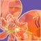 Modern collage. View of an orange tulip flower on a purple background. Concept background, flowers, holiday, abstraction