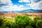 Modern colorful aerial view Florence Firenze on blue backdrop. Famous european travel destination. Beautiful architecture. Italian