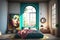 Modern Colorful Bohemian Bedroom with an Arched Window, Natural Light, an Oil Pop Art Painting, a Mirror, and End