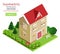 Modern colorful detailed isometric building . Graphic 3d isometric vector house with green yard.