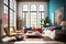 Modern Colorful Turquoise Living Room with an Arched Windows, Natural Light, Wall Art, Sofa, Arm Chairs and End