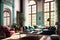 Modern Colorful Turquoise Zen Bohemian Living Room with an Arched Windows, Natural Light, Wall Art, Sofa, Arm Chairs and End