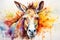 Modern colorful watercolor painting of a donkey or mule, textured white paper background, vibrant paint splashes. Created with