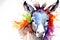 Modern colorful watercolor painting of a donkey or mule, textured white paper background, vibrant paint splashes. Created with