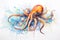 Modern colorful watercolor painting of a squid, textured white paper background, vibrant paint splashes. Created with generative