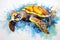 Modern colorful watercolor painting of a turtle or tortoise, textured white paper background, vibrant paint splashes. Created with