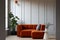 modern comfortable armchair in front of white panel wall, gentleman modern stylish coffee table and plant on it, copy space