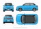 Modern compact city car mockup. Side, top, front and rear view of realistic small car isolated on white background.