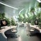 Modern company office interior with computers and green plants. Business office with many working places. Office with a lot of