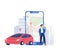 Modern composition with automobile and male character standing beside giant mobile phone with city map on screen