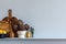 Modern composition on the kitchen interior with vegetables cutting board, food, herbs, kitchen accessories and copy space.