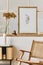 Modern composition of living room interior with design armchair, wooden shelf, dried flowers in vase, brown mock up frame.