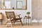 Modern composition of living room interior with design armchair, wooden stool, old window, brown mock up frame.