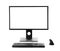 Modern computer with blank monitor screen and peripherals on white background