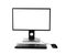 Modern computer with blank monitor screen and peripherals on white background