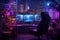 modern computer room with night city view, 3d rendering toned image, Cyberpunk gamer workspace with computer and mouse. 3d