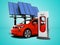 Modern concept red electro car at electric refueling with solar panels 3d render on blue background with shadow