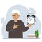 Modern concept of time management illustration. A sad grandfather holds an alarm clock in his hand and the second points