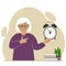 Modern concept of time management illustration. A smiling grandmother holds an alarm clock in his hand and the second