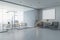 Modern concrete office interior with empty white mock up poster on wall, couch, matte partition glass, furniture, equipment and