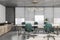 Modern conference room with stylish lamps on top above light meeting table surrounded by green chairs on concrete floor, wooden