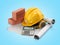 Modern construction costing concept hard hat bricks and tape measure in the drawings next to the calculator 3d render on blue