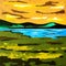 Modern Contemporary Art - Painting - Sunset Lake Meadow - Blue Orange Green Colors