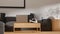 Modern contemporary living room interior, comfy sofa, wood table with laptop, vr glasses