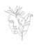 Modern continuous line art of ancient greek goddess statue with tropical florals: banana leaf, strelitzia flower