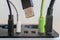 Modern convenient multi-port usb charger for devices. Close-up of inserted multi-colored cables in a power outlet. Macro