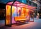 Modern Cosy Colorful Bus Shelter on a Sidewalk extreme closeup. Generative AI