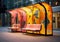 Modern Cosy Colorful Bus Shelter on a Sidewalk extreme closeup. Generative AI