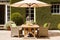 Modern cottage garden furniture, outdoor decor and countryside house patio terrace chairs and table with umbrella