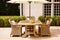 Modern cottage garden furniture, outdoor decor and countryside house patio terrace chairs and table with umbrella