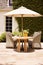 Modern cottage garden furniture, outdoor decor and countryside house patio terrace chairs and table with umbrella, country style,