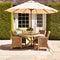 Modern cottage garden furniture, outdoor decor and countryside house patio terrace chairs and table with umbrella, country style,