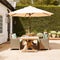 Modern cottage garden furniture, outdoor decor and countryside house patio terrace chairs and table with umbrella, country style,