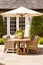 Modern cottage garden furniture, outdoor decor and countryside house patio terrace chairs and table with umbrella, country style,