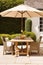 Modern cottage garden furniture, outdoor decor and countryside house patio terrace chairs and table with umbrella, country style,