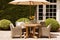 Modern cottage garden furniture, outdoor decor and countryside house patio terrace chairs and table with umbrella, country style,