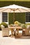 Modern cottage garden furniture, outdoor decor and countryside house patio terrace chairs and table with umbrella, country style,