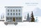 Modern cottage and gray car with Christmas tree, snowman. Wintertime.
