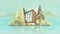 Modern Cottage House Exterior, Villa Building Horizontal Banner with trees, lake and the mountains. Vector illustration