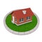 Modern Cottage House with Red Roof over Round Plot of Dense Green Grass. 3d Rendering