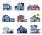 Modern Cottages Facades Cpllection, Residential House Buildings, Country Real Estate Flat Vector Illustration