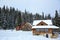 Modern cottages in snowy coniferous forest