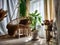 A modern cozy beautiful room with a braided rope macrame chair, green plants and a window with curtains. Interior and