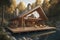 modern cozy chalet with pool and parking for sale or rent in forest. Massive timber beams columns. Clear sunny summer day by the