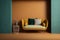 Modern cozy living room with deep teal and burnt orange wall. Contemporary interior design with trendy earth tones wall color and