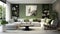 Modern cozy living room interior design with stylish sofa, coffee table, green plants, flowers, vases, poster, and decoration in a
